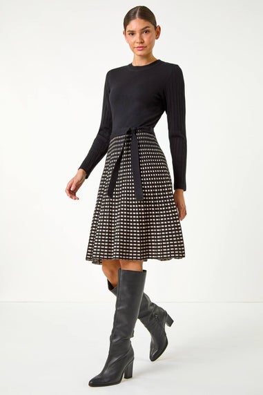 Roman Black Check Print Belted Jumper Dress