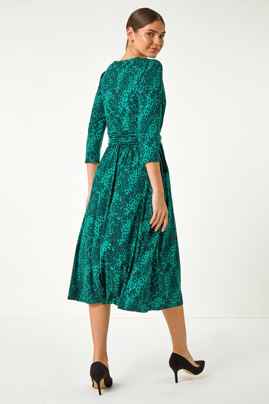 Roman Green Animal Print Mock Wrap Midi Dress