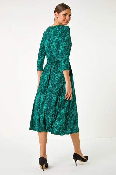 Roman Green Animal Print Mock Wrap Midi Dress