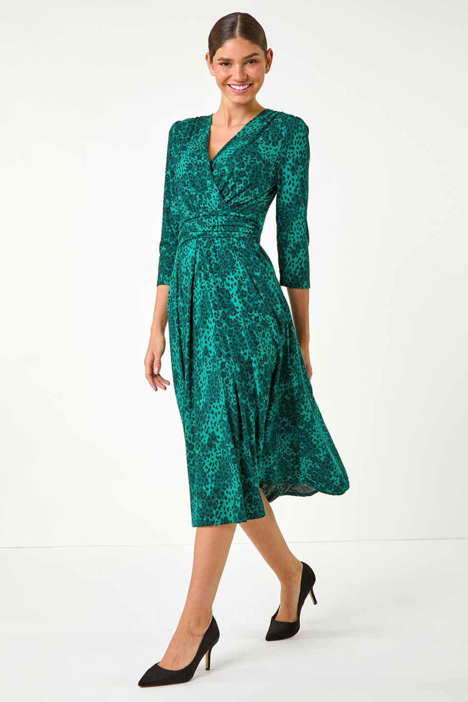Roman Green Animal Print Mock Wrap Midi Dress