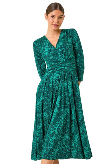 Roman Green Animal Print Mock Wrap Midi Dress