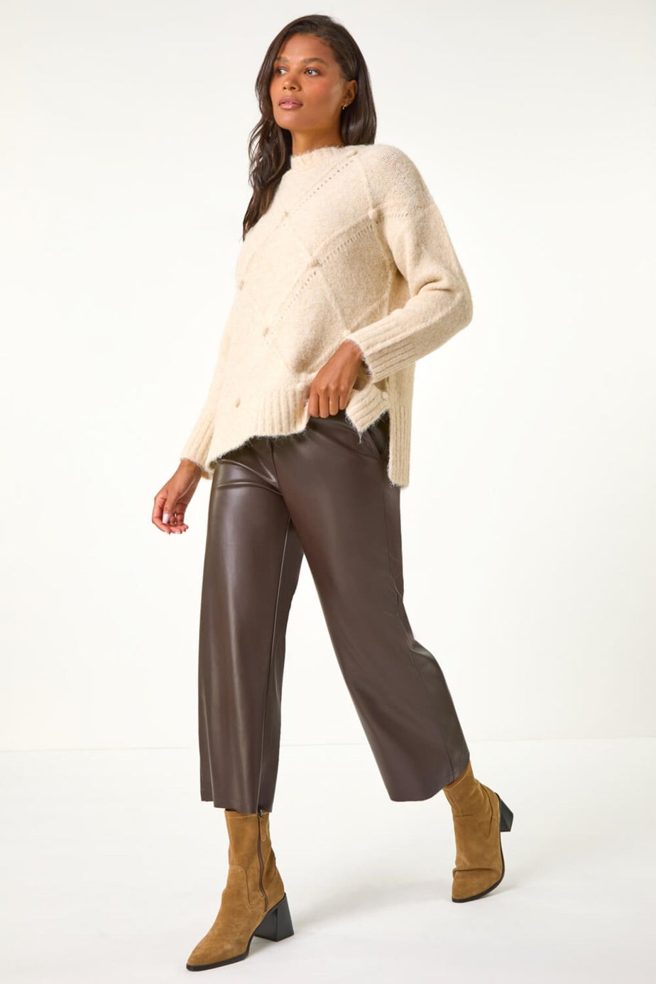 Roman Chocolate Faux Leather Wide Leg Crop Trousers