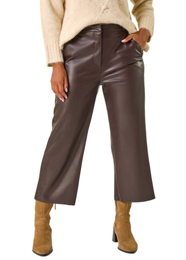 Roman Chocolate Faux Leather Wide Leg Crop Trousers