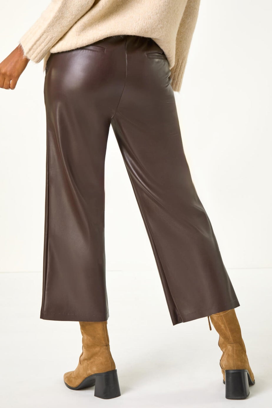 Roman Chocolate Faux Leather Wide Leg Crop Trousers