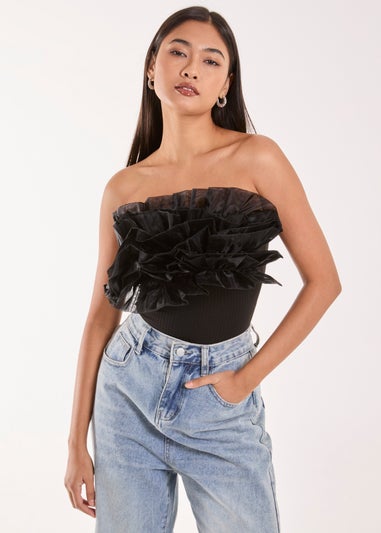 Pink Vanilla Black Corsage Front Ruffle Bodysuit