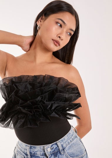 Pink Vanilla Black Corsage Front Ruffle Bodysuit