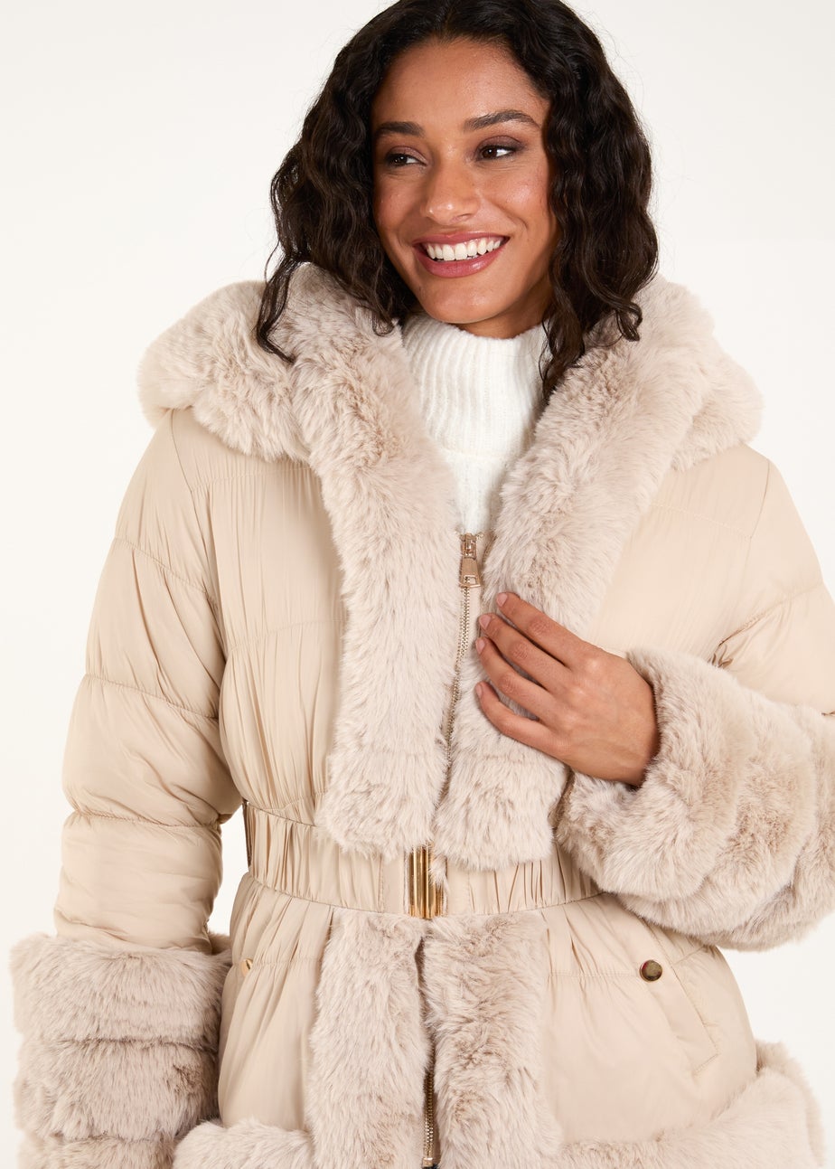 Blue Vanilla Stone Fur Trim Belted Puffer Coat