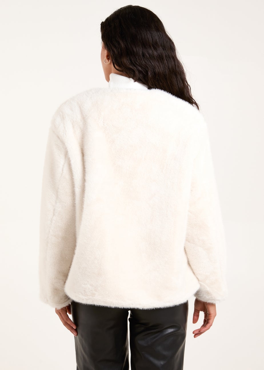 Blue Vanilla Cream Collarless Toggle Detail Fur Jacket