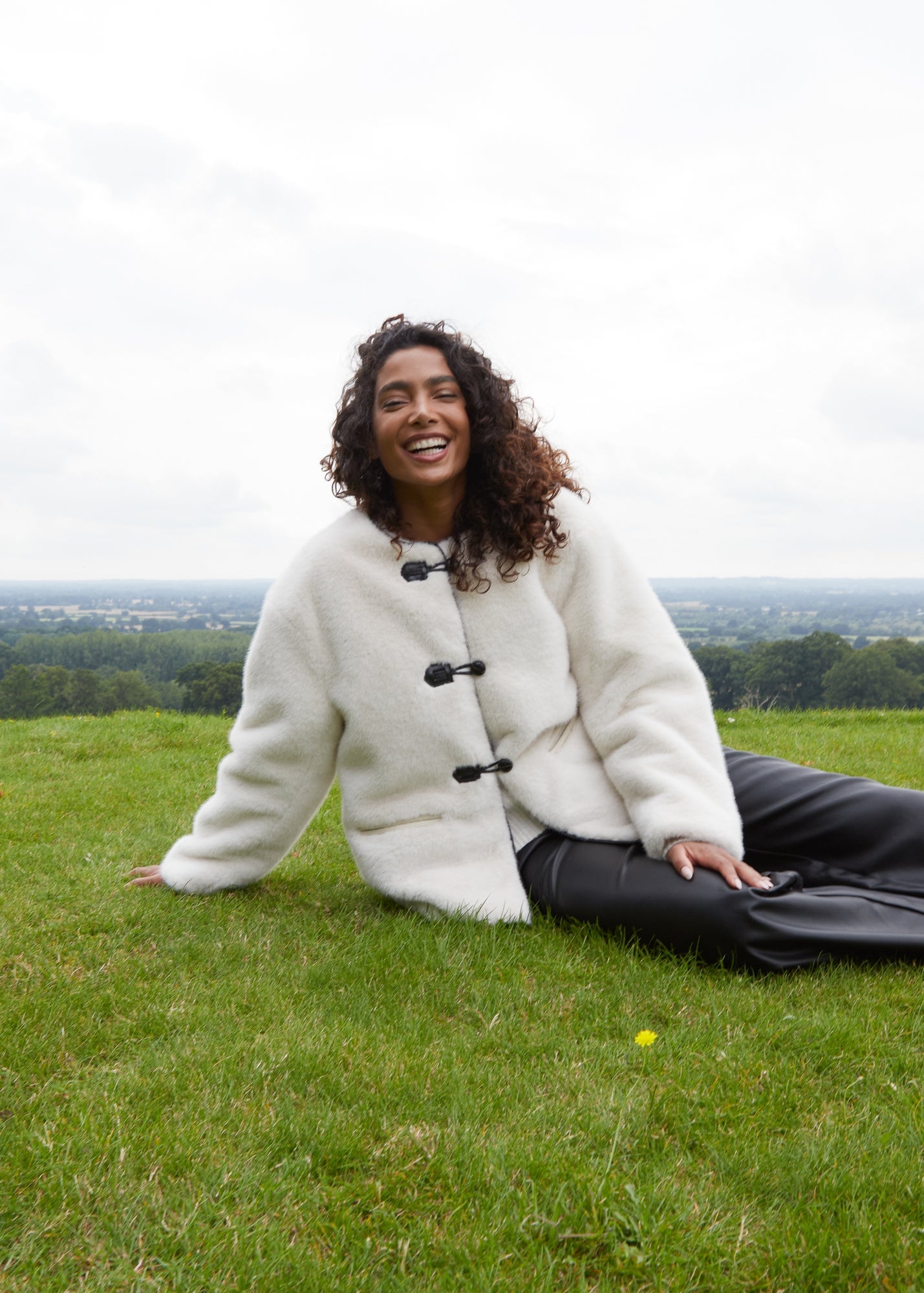 Blue Vanilla Cream Collarless Toggle Detail Fur Jacket - Matalan