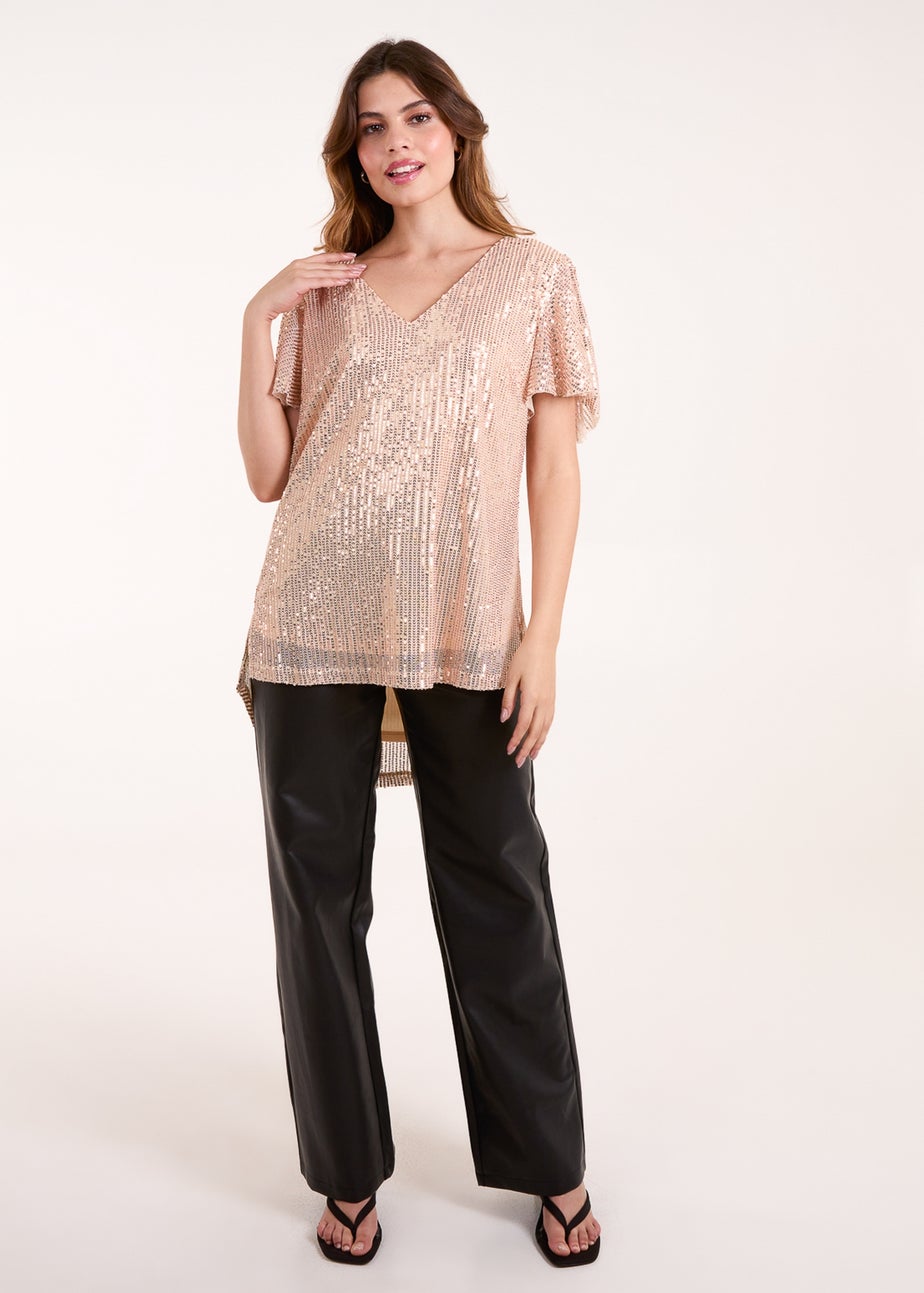 Blue Vanilla Gold Angel Sleeve V Neck Sequin Top