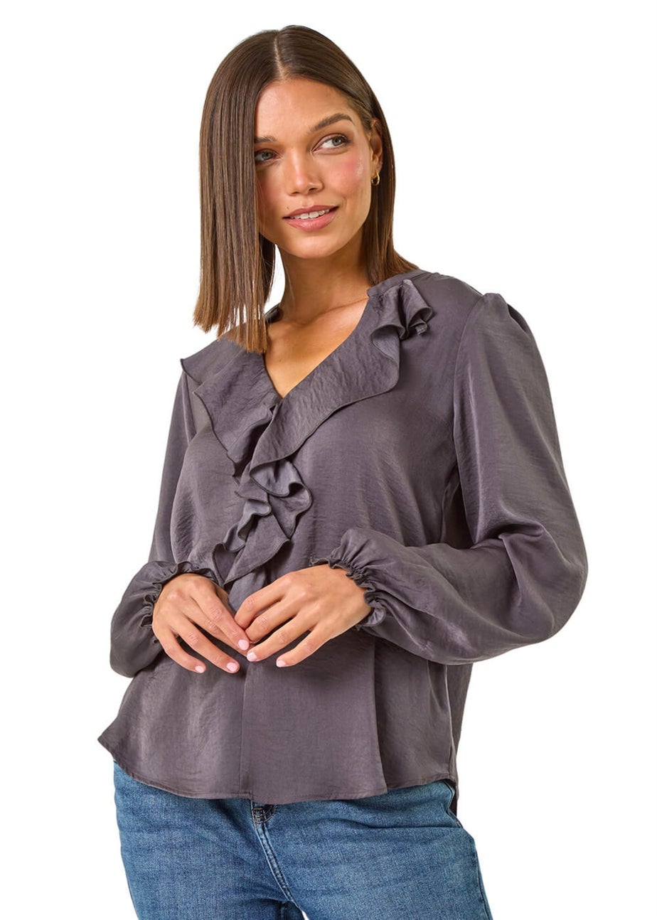 Roman Grey Satin Ruffle Front V-Neck Top