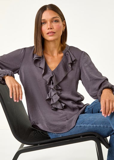 Roman Grey Satin Ruffle Front V-Neck Top