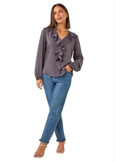 Roman Grey Satin Ruffle Front V-Neck Top
