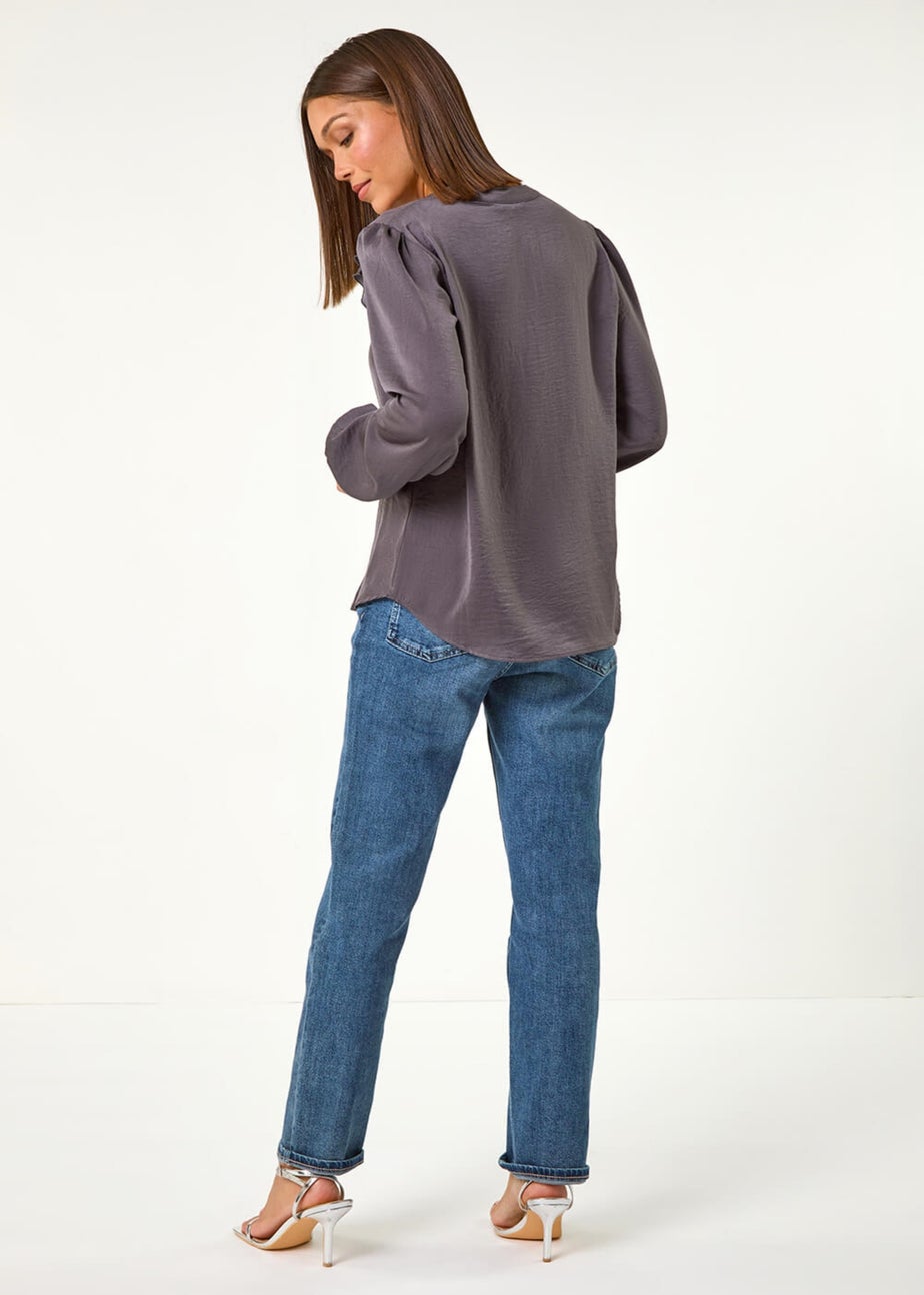 Roman Grey Satin Ruffle Front V-Neck Top