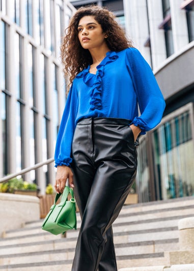 Roman Ink Blue Satin Ruffle Neck Blouse