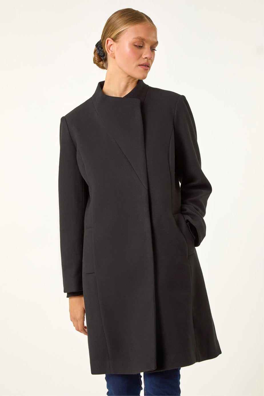 Roman Black Tailored Funnel Neck Pocket Detail Coat