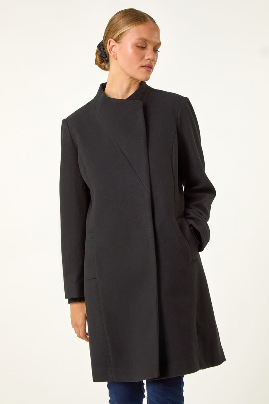Roman Black Tailored Funnel Neck Pocket Detail Coat