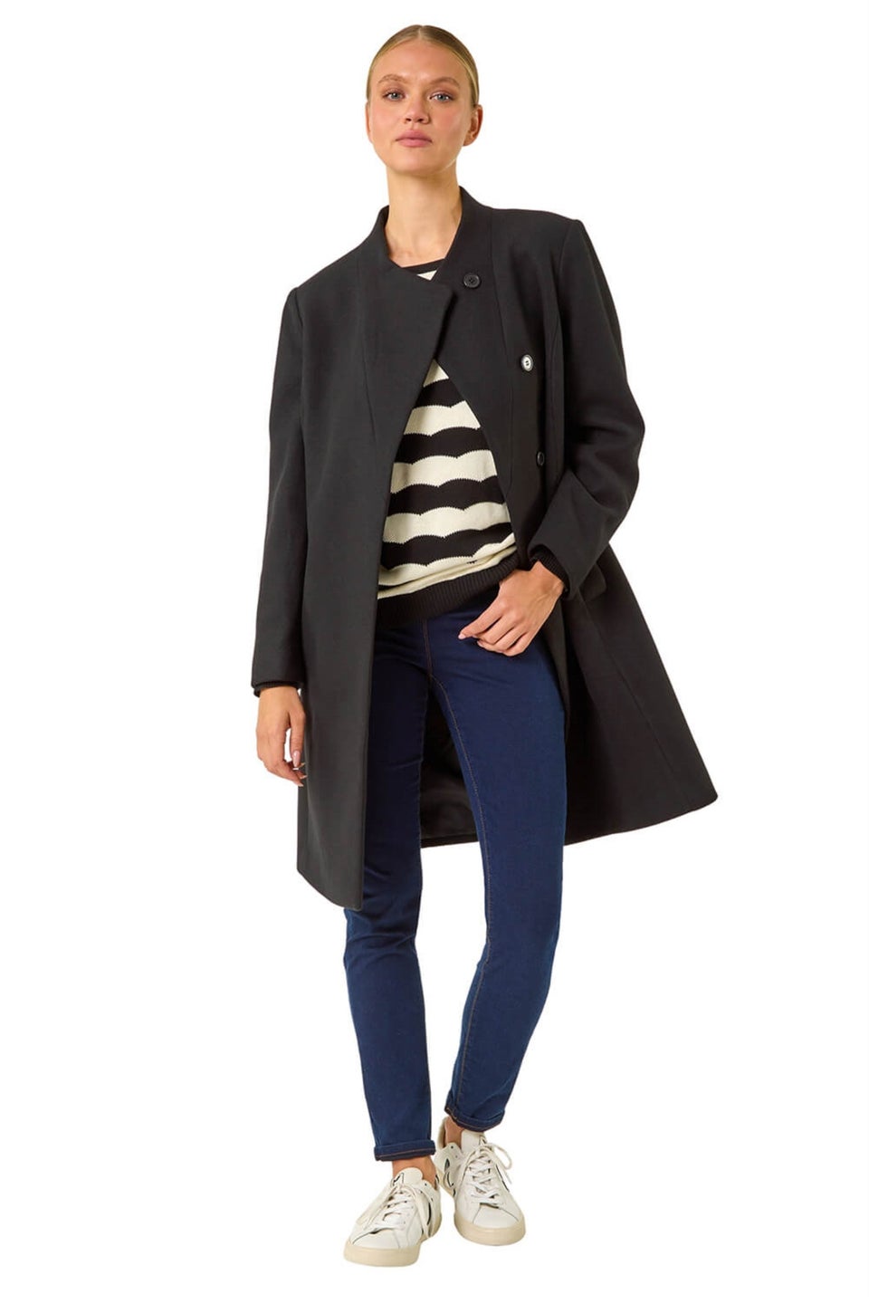 Roman Black Tailored Funnel Neck Pocket Detail Coat