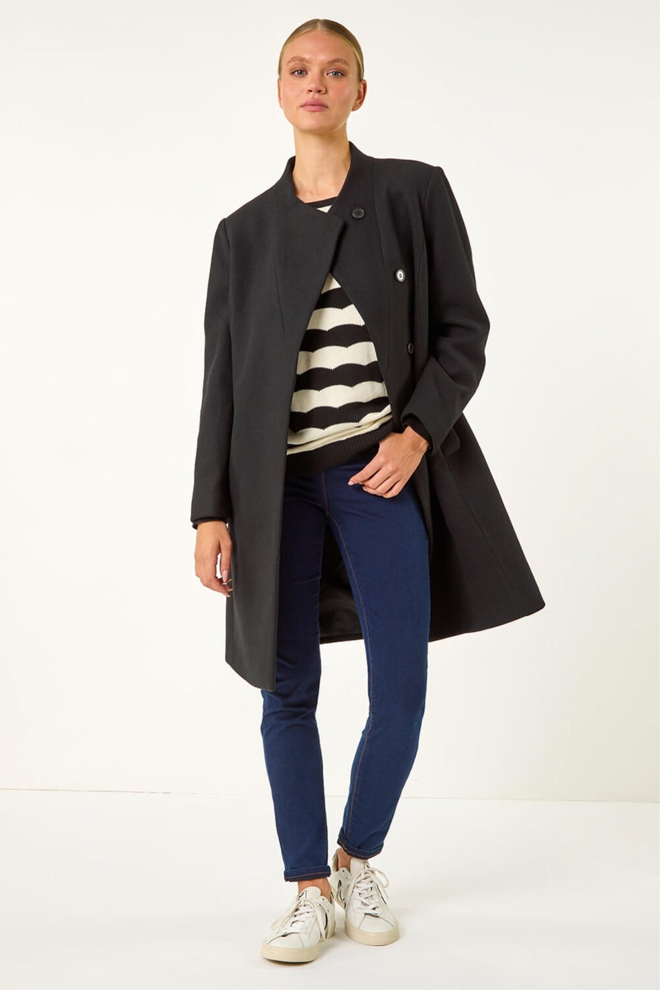 Roman Black Tailored Funnel Neck Pocket Detail Coat