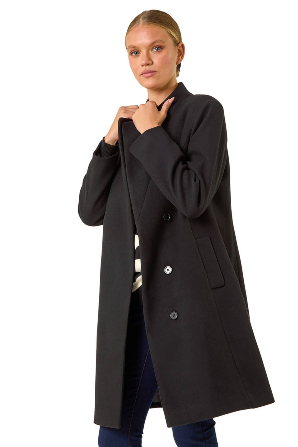 Roman Black Tailored Funnel Neck Pocket Detail Coat