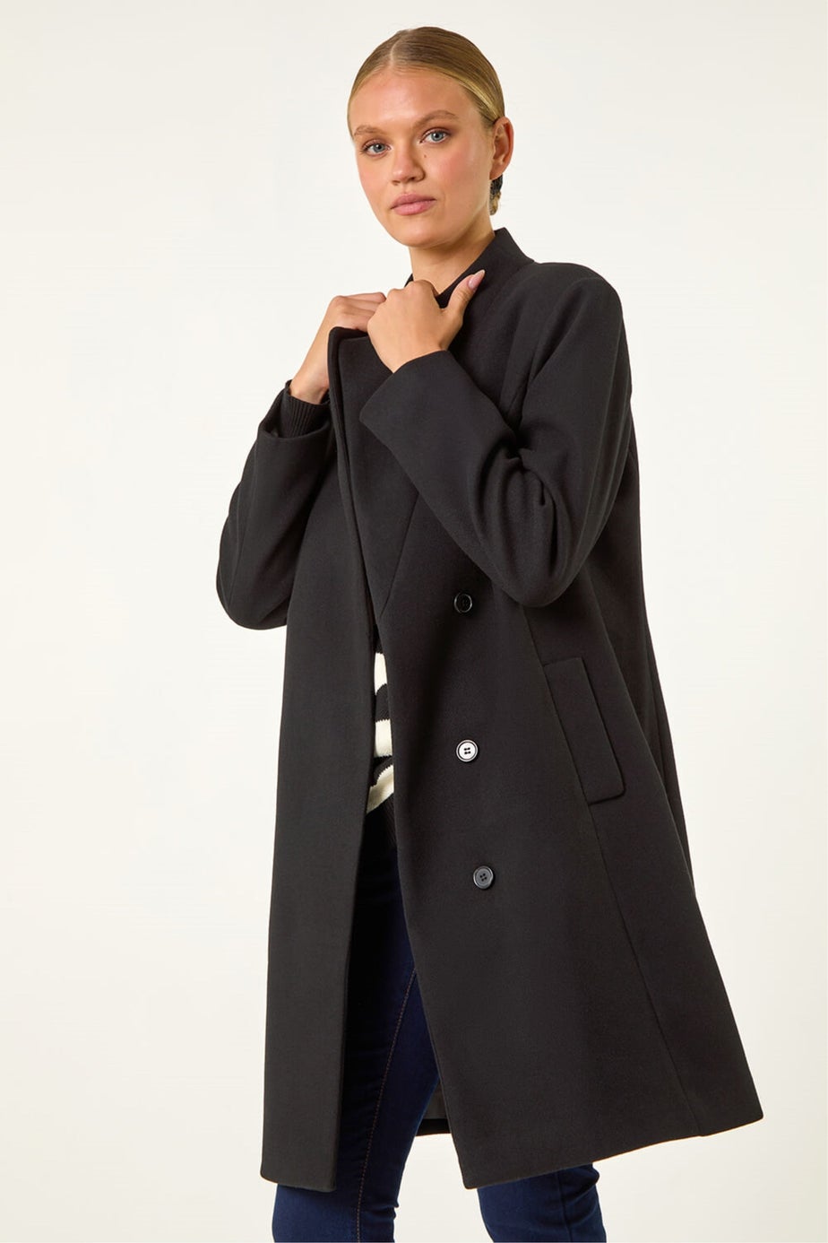 Roman Black Tailored Funnel Neck Pocket Detail Coat