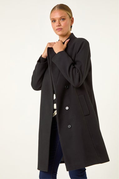 Roman Black Tailored Funnel Neck Pocket Detail Coat