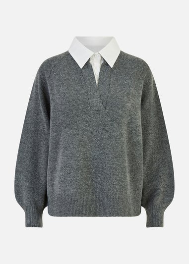 Yumi Grey Knitted Jumper With Collar Detail