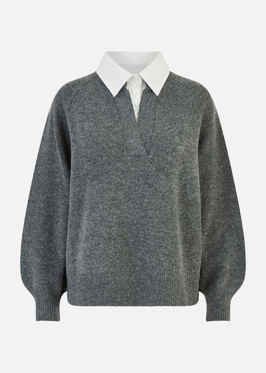 Yumi Grey Knitted Jumper With Collar Detail