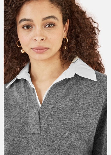 Yumi Grey Knitted Jumper With Collar Detail