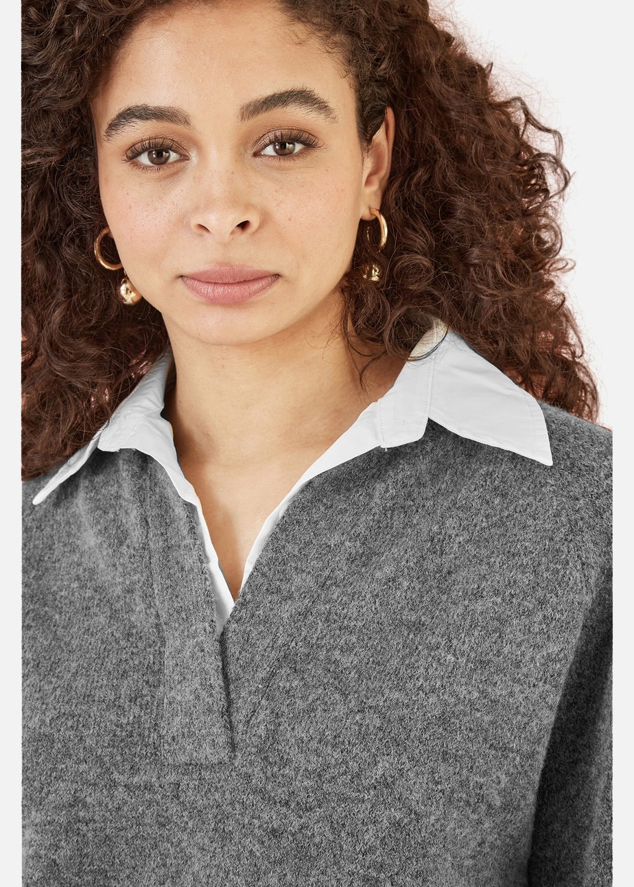 Yumi Grey Knitted Jumper With Collar Detail