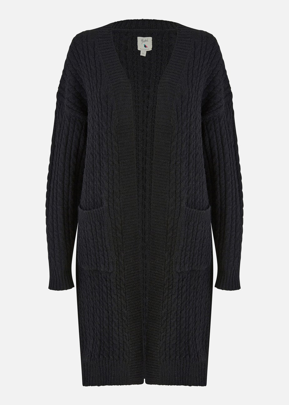 Yumi Black Cable Knit Edge to Edge Long Cardigan With Pockets