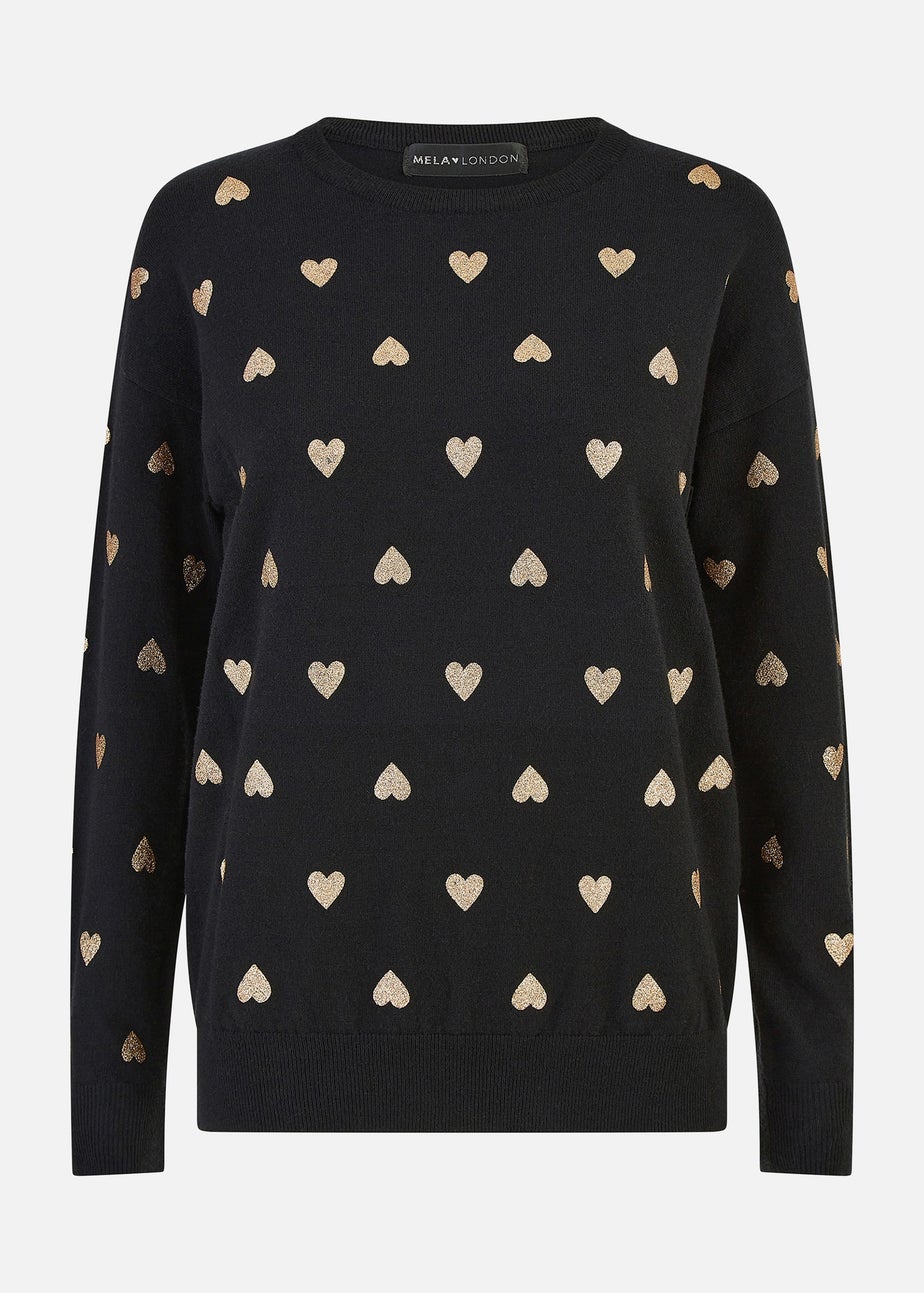 Yumi Black Gold Foil Heart Print Relaxed Fit Jumper