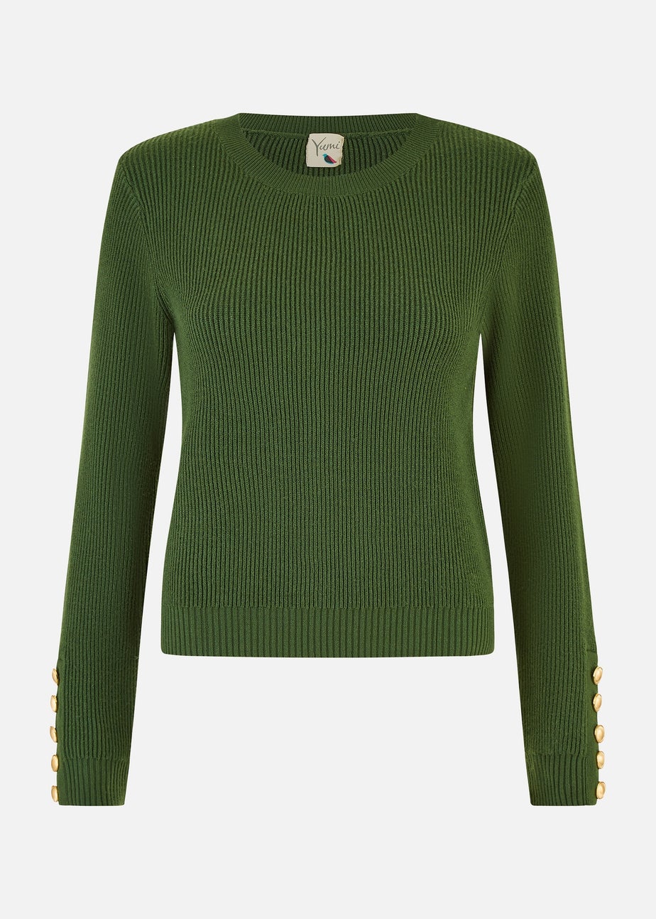 Yumi Green Rib Knitted Jumper With Sleeve Button Detail
