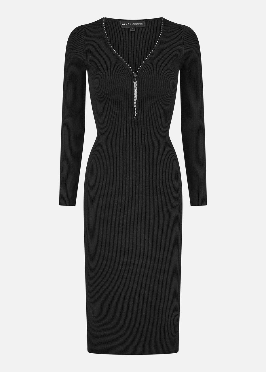 Yumi Black Rib Fitted Midi Dress With Diamante Detail Zip Neckline