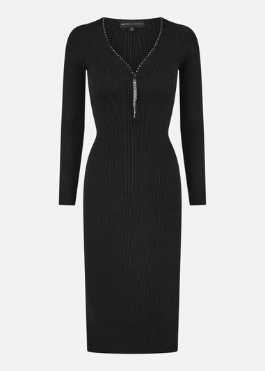 Yumi Black Rib Fitted Midi Dress With Diamante Detail Zip Neckline