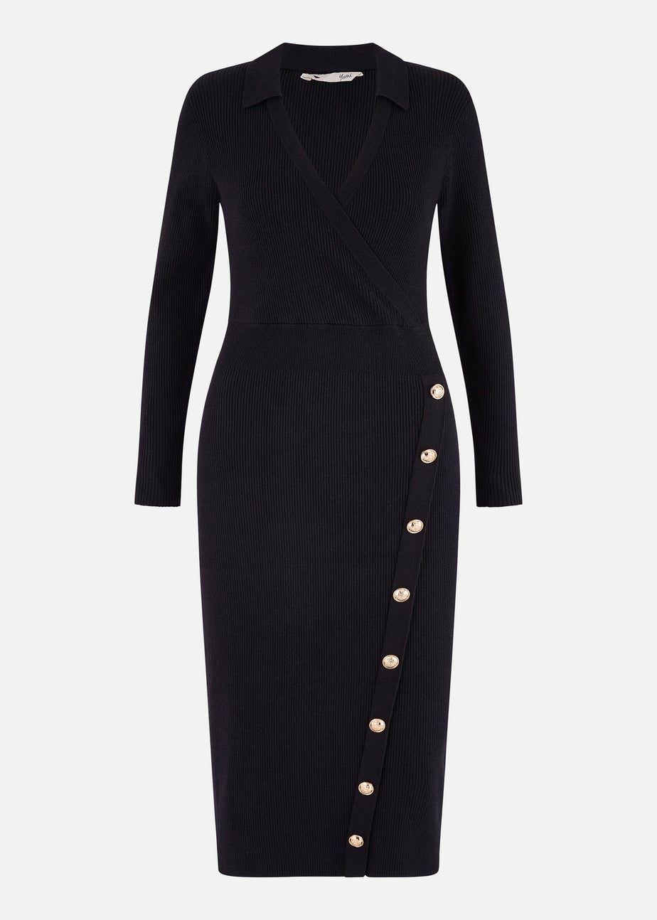 Yumi Black Knitted Midi Dress With Asymmetric Button Details