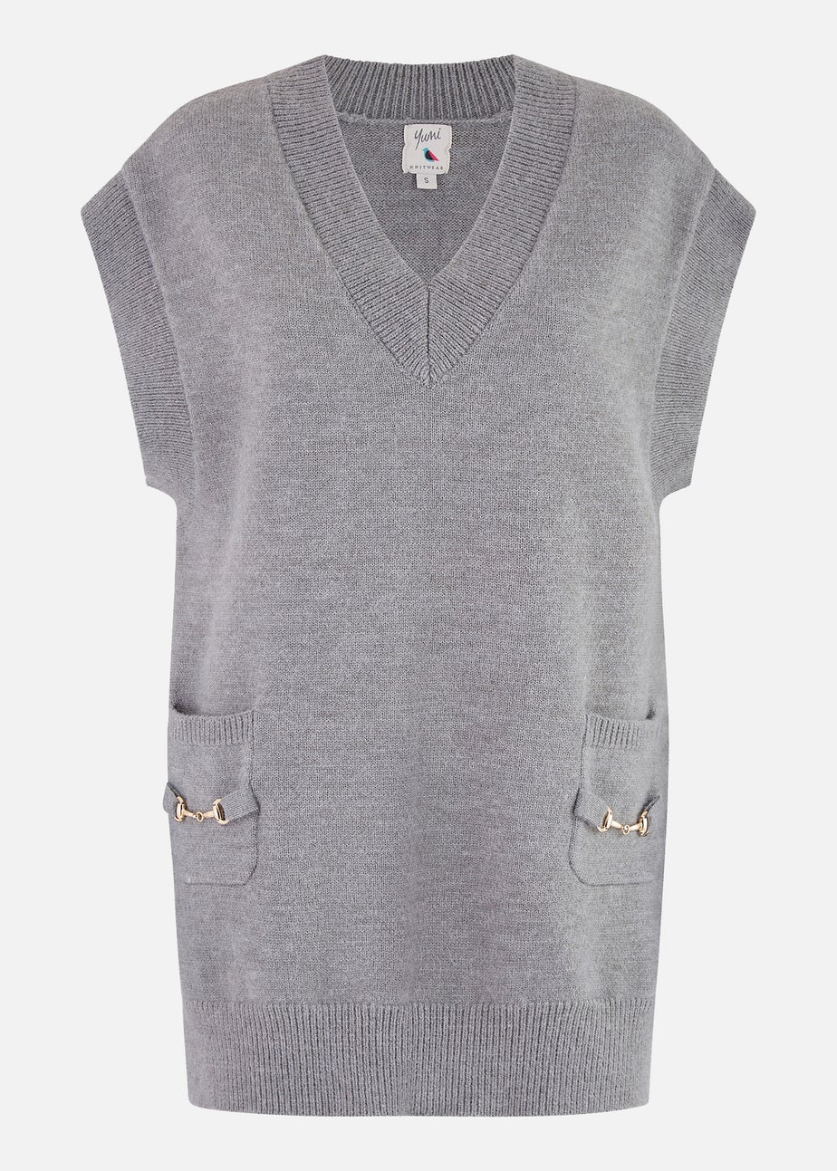 Yumi Grey Knitted Oversize Vest With Pockets And Snaffle Details