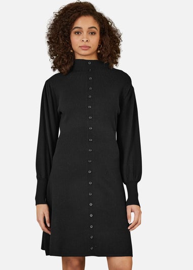 Yumi Black Knitted Button Up Midi Dress With Balloon Sleeves