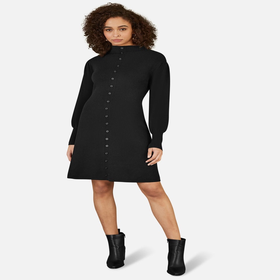 Yumi Black Knitted Button Up Midi Dress With Balloon Sleeves
