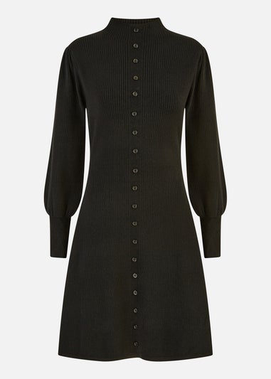 Yumi Black Knitted Button Up Midi Dress With Balloon Sleeves