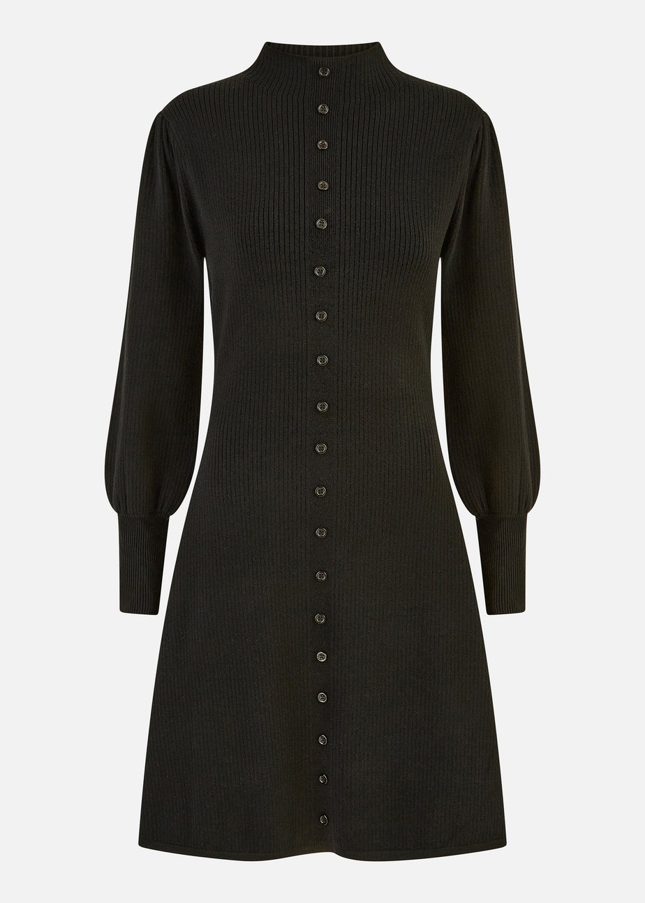 Yumi Black Knitted Button Up Midi Dress With Balloon Sleeves