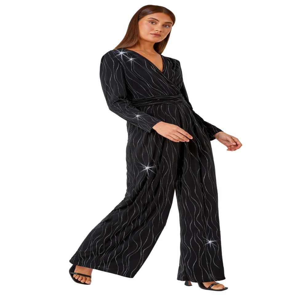 Roman Black Embellished Wide Leg Stretch Jumpsuit