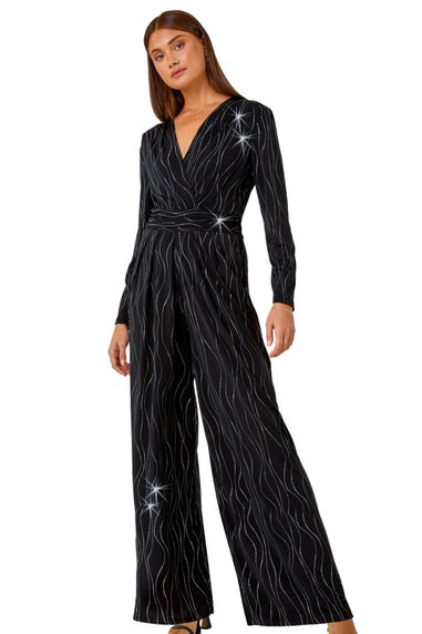 Roman Black Embellished Wide Leg Stretch Jumpsuit