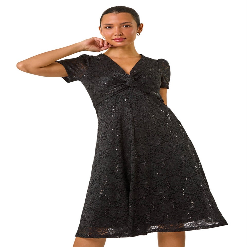 Roman Black Sequin Lace Twist Front Midi Dress