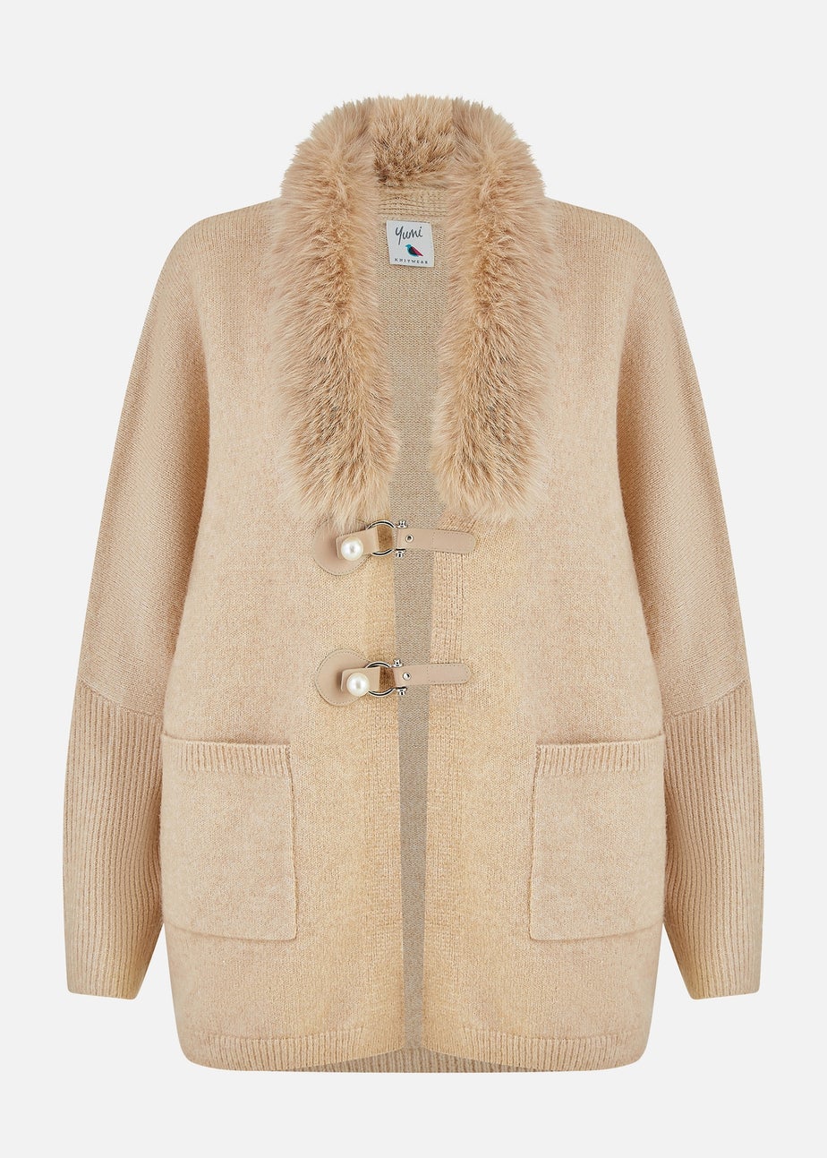 Yumi Camel Cardigan With Detachable Fur Collar Trim
