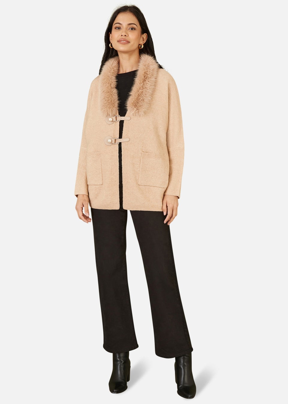 Yumi Camel Cardigan With Detachable Fur Collar Trim