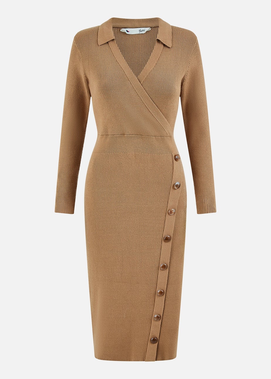 Yumi Brown Knitted Midi Dress With Asymmetric Button Details