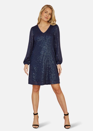 Yumi Navy Sequin Tunic With Balloon Sleeves