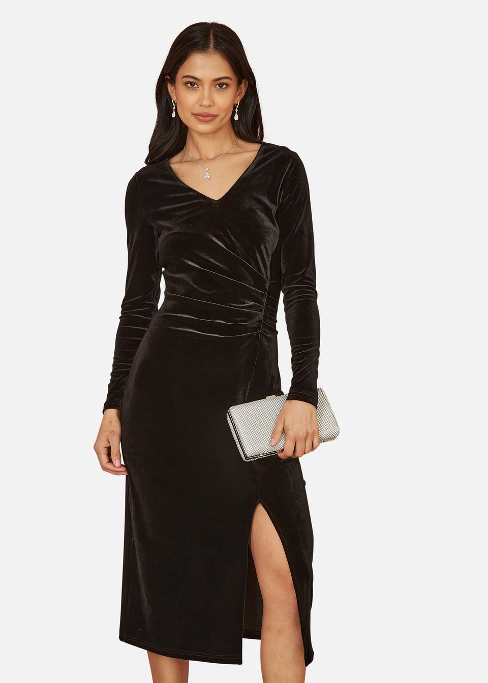 Yumi Black Velvet V Neck Fitted Ruched Midi Dress