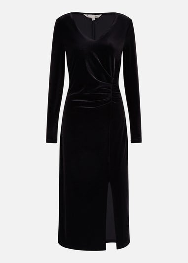 Yumi Black Velvet V Neck Fitted Ruched Midi Dress